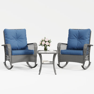 Outdoor 2-Person Oversize Rattan Wicker Rocking Chair with Side Table and Cushions
