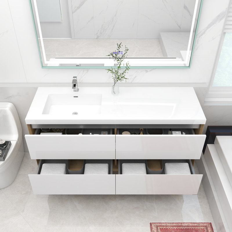 Ensemble de meuble-lavabo mural simple 60 po Antheny, Blanc lustré