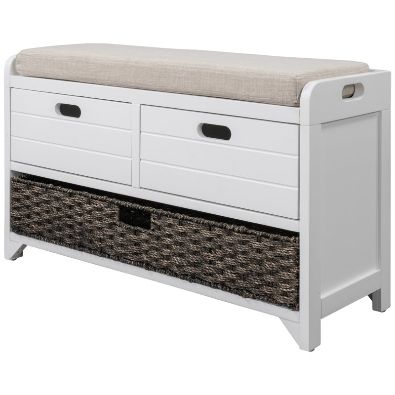 Storage Bench With Removable Basket And 2 Drawers, Fully Assembled Shoe Bench With Removable Cushion, White