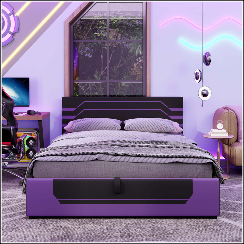 Grand lit de jeu hydraulique avec design Cyberpunk, Purple/Black