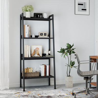 54.5"H x 22"W Industrial Ladder Bookcase, 4 Tier Black Frame Etagere Shelf with Anti-Tip, Black Frame and Dark Gray Wood Shelves
