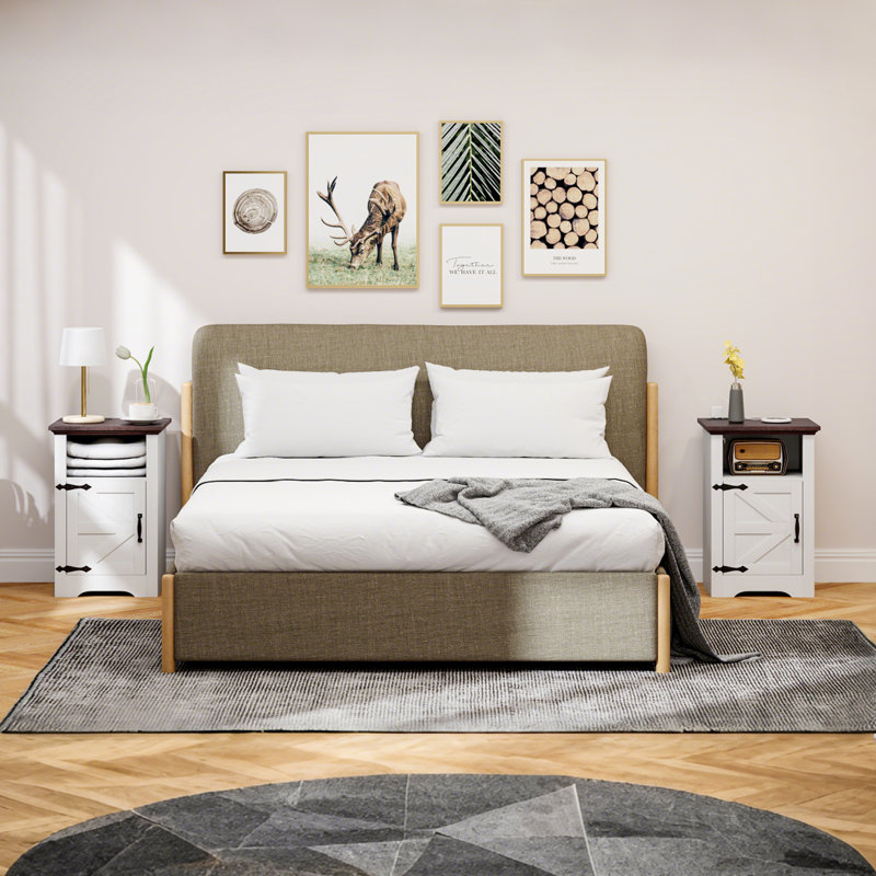 Ensemble de 2 tables d'appoint, table de chevet avec prises de recharge, blanc