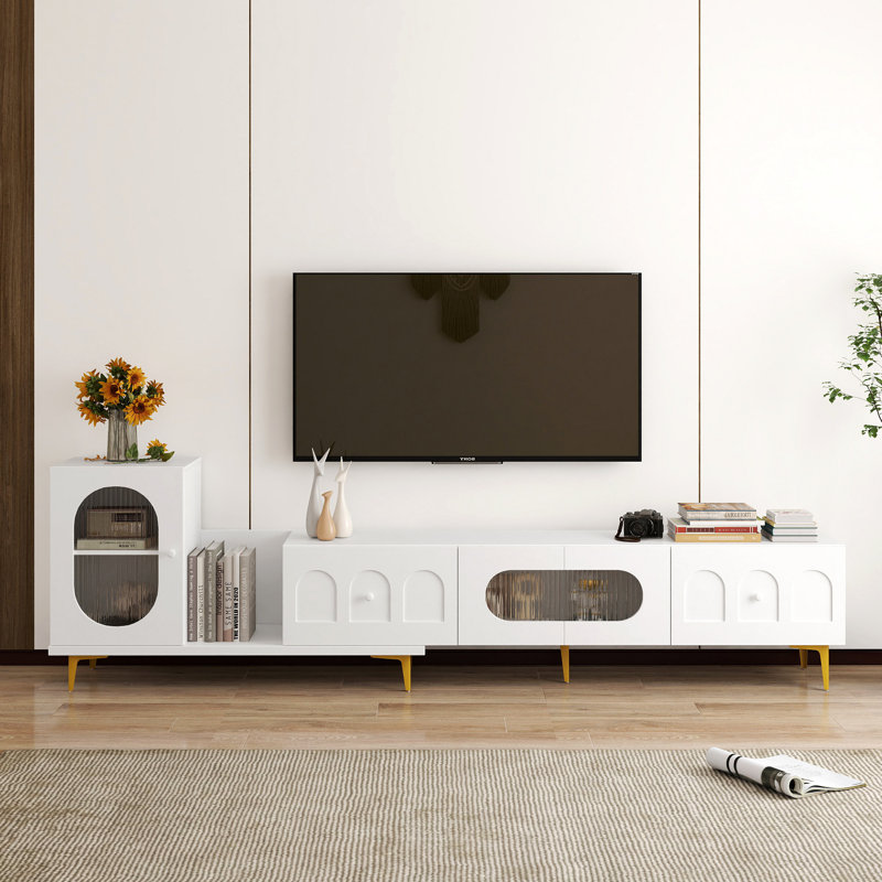 Extendable TV Stand with Cabinet, White