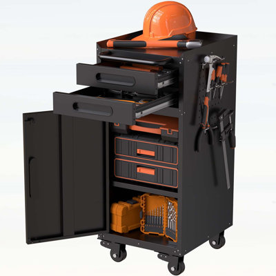 34.3 Inch Narrow Rolling Tool Cabinet - Space-Saving Garage Storage with Lockable Door, 2 Drawers, and Large Handle