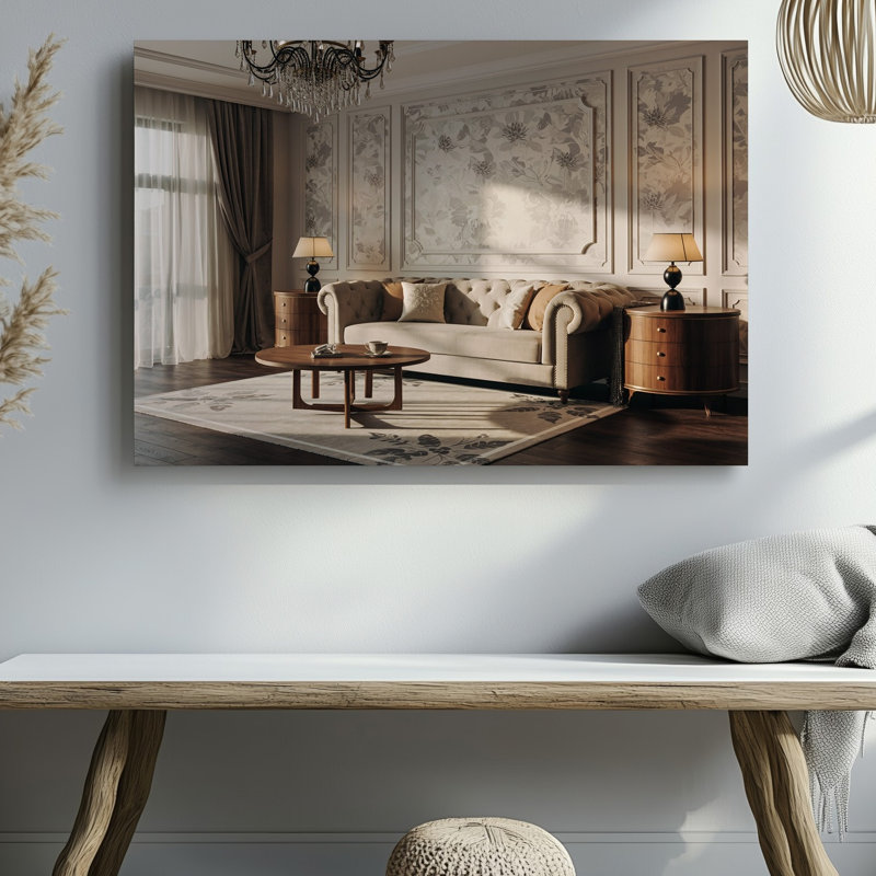Toile d'un salon luxueux avec un canapé beige capitonné moelleux orné de coussins décoratifs positionnés au centre de la toile