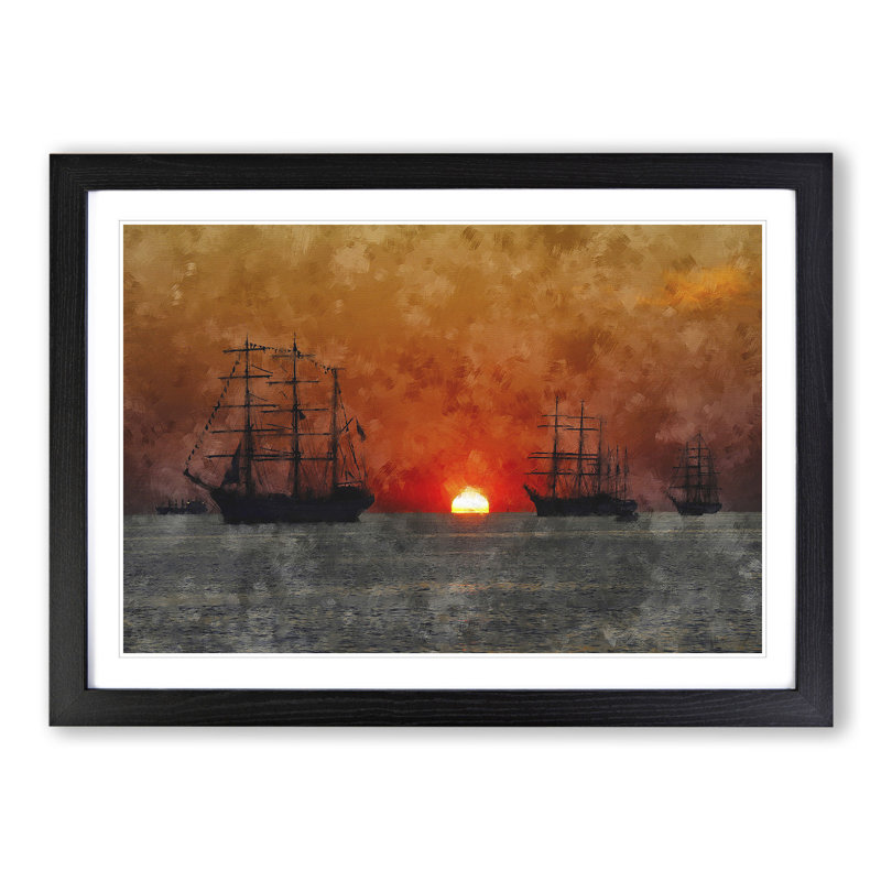Ships at Sunset - Picture Frame Graphic Art, Black Framed, 27cm H x 36cm W x 2cm D