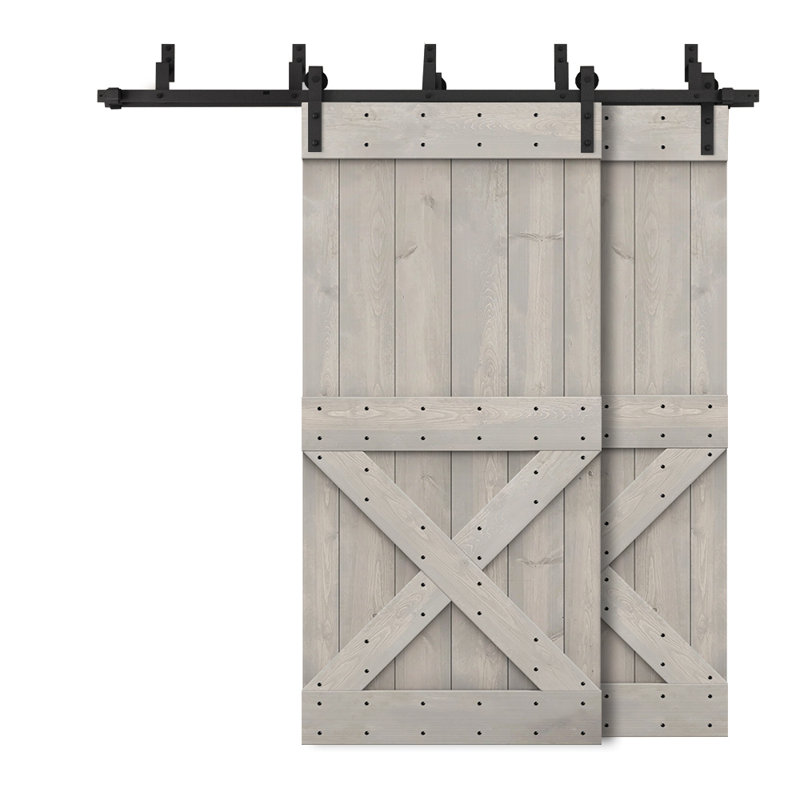 Porte de grange à double bricolage avec panneau coulissant en bois teinté Mini X Series, 84 po x 84 po, Gris argenté