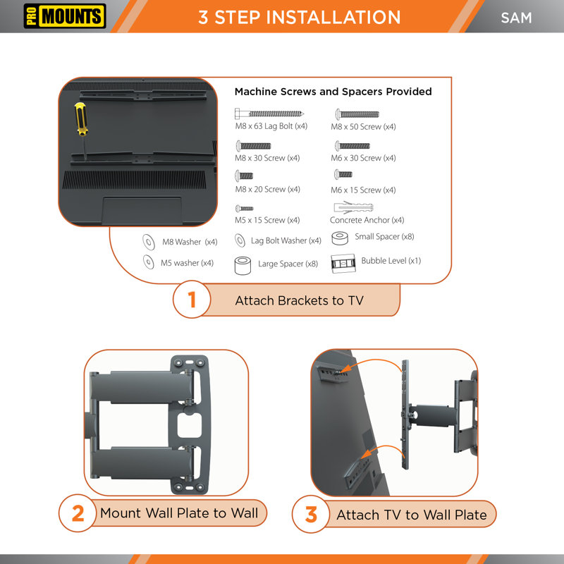 ProMounts Premium Articulating/Full Motion TV Wall Mount for 30" - 65" Screens, Holds up to 80 lbs.