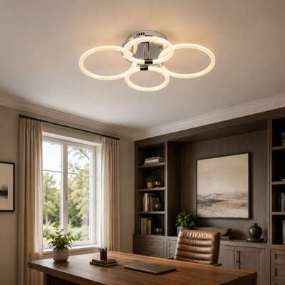 Plafonnier encastré moderne à 4 anneaux DEL avec télécommande en métal à intensité variable et luminaire en acrylique à haute transmission pour chambre à coucher, salon, cuisine, salle à manger et bureau