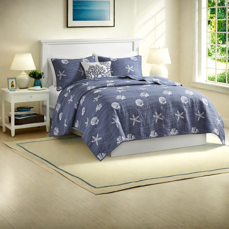 Luxury Cotton Bedding Sets, Reversible Quilted Design, Coastal Style For Home