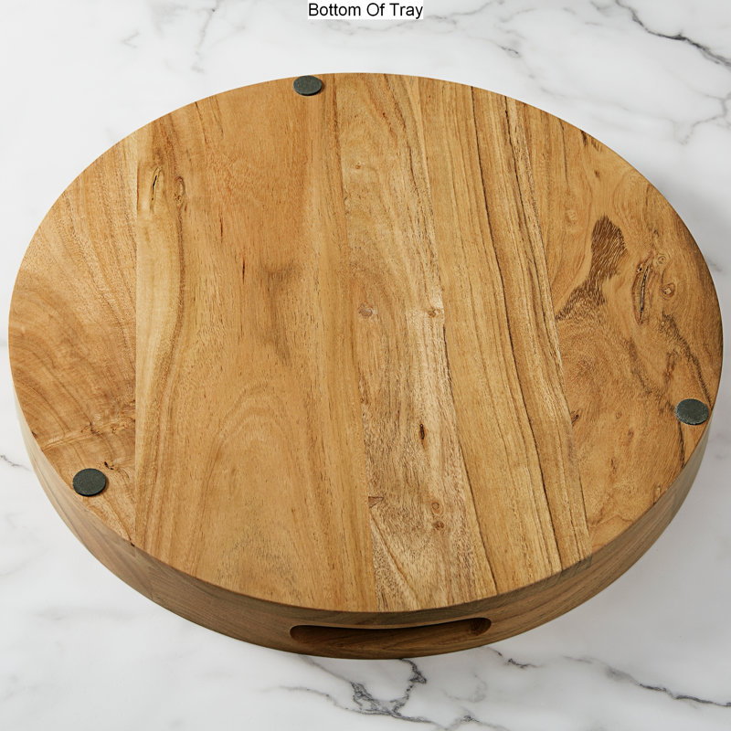 Seasonally Script Engraved Acacia Wood Round Serving Tray