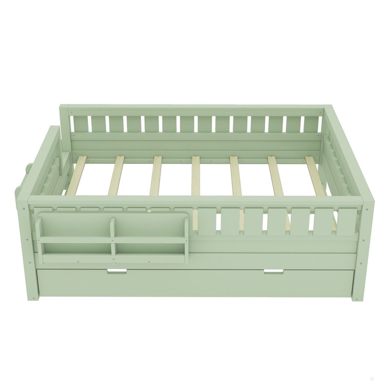 Wooden Bed With Built-In Bookshelves And Trundle, Avocado Green, Full