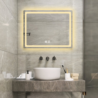 27,47 po Large miroir de salle de bain à DEL, contrôle de la buée, matériaux, installation facile, ensemble de 34,64 po, ceintures durables, quincaillerie de fixation