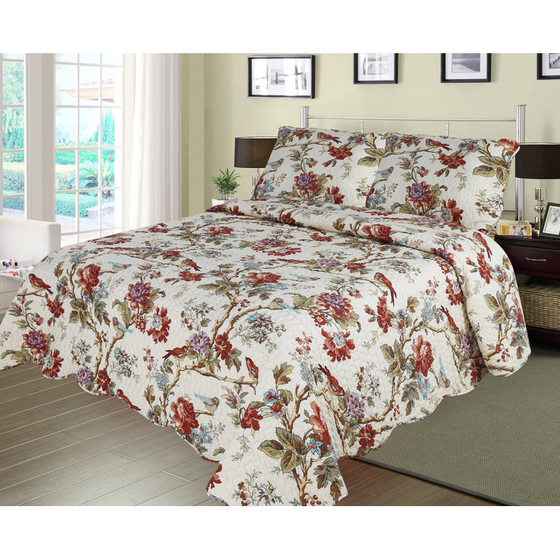 Finch Orchard Polyester Floral Quilt, Queen, Ochre