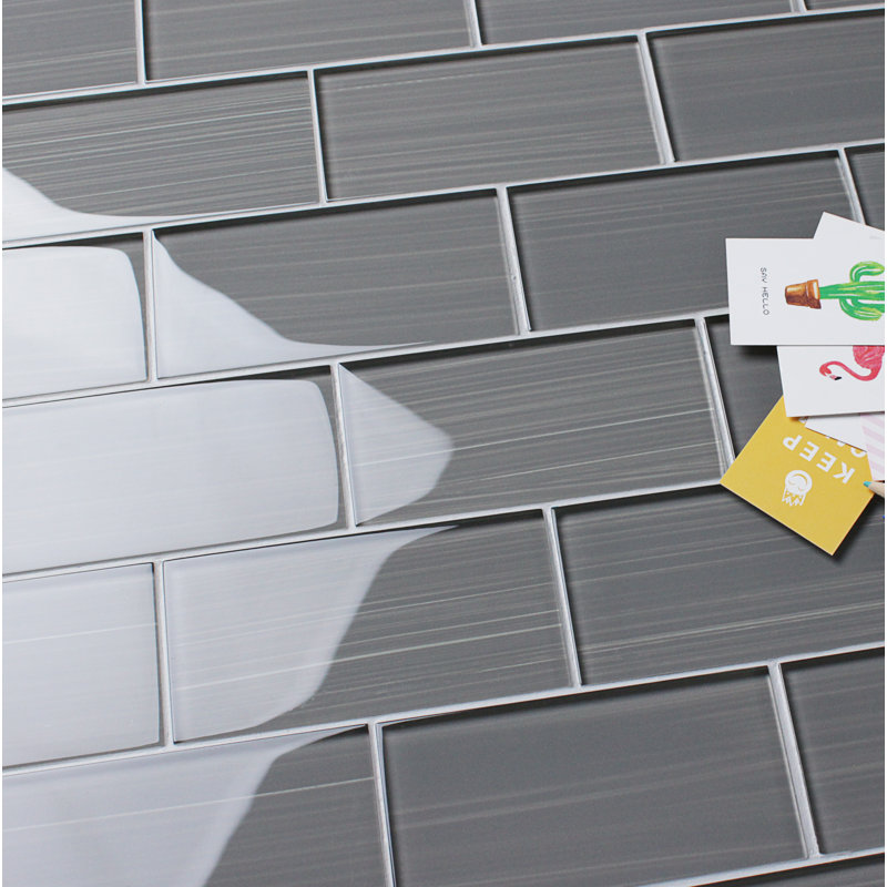 Carreau de mosaïque de verre à bords droits de qualité supérieure peint à la main 3 po x 6 po, Gris foncé