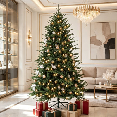 Arbre de Noël artificiel vert 6 pi avec 300 lumières à DEL blanc chaud, 2345 pointes en PE et PVC, 8 modes d'éclairage et charnières