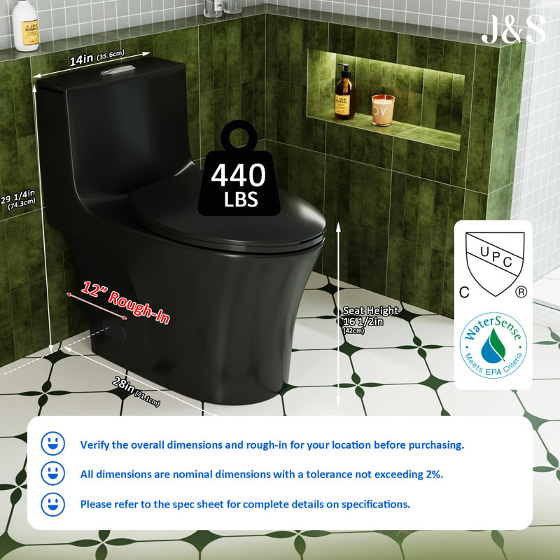 Toilette allongée une pièce 1,1 / 1,6 GPF Tornado Flush, Noir mat