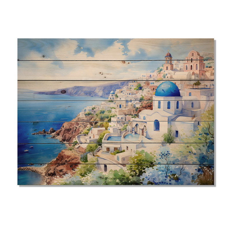 Santorini, Grèce, bord de mer, sérénité I - Grèce sur bois, H 30 po x l 40 po