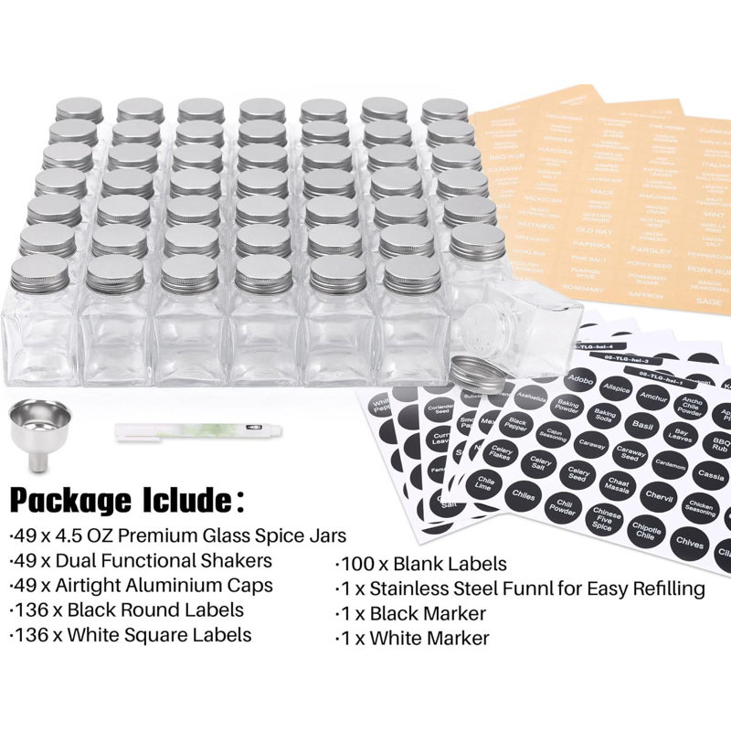 Paquet de 49 pots à épices en verre 4,5 oz avec agitateurs, couvercles et 372 étiquettes