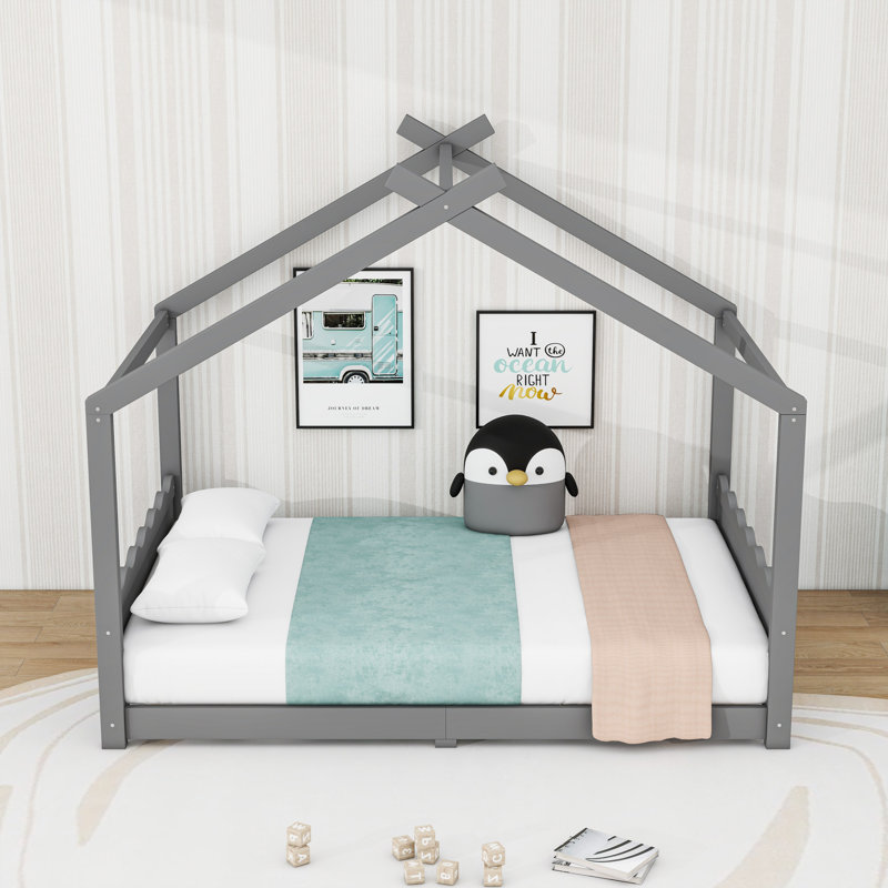 Wood House Floor Bed With Slats, Gray, Full