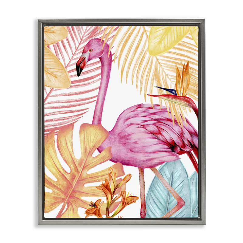 "Flamant rose et plantes aux couleurs vives", art mural sur toile flottante, design par Kim Allen, H 21 po x l 17 po