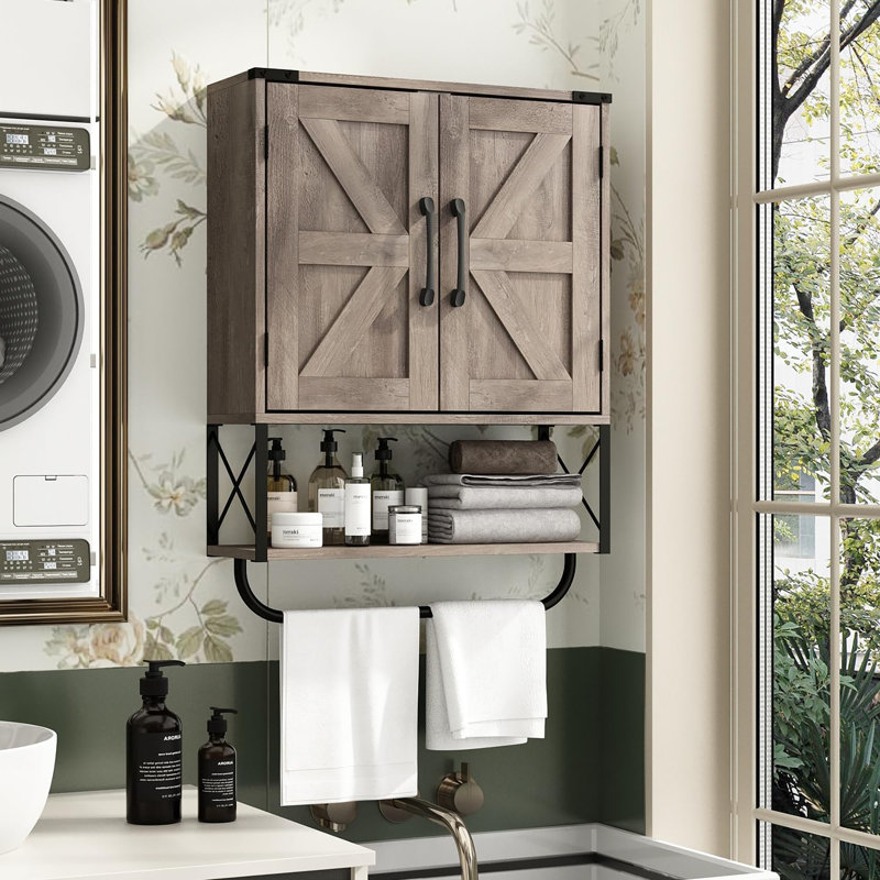 Wooden Wall Mounted Bathroom Cabinet with Adjustable Shelf and Towel Bar, Washed Oak