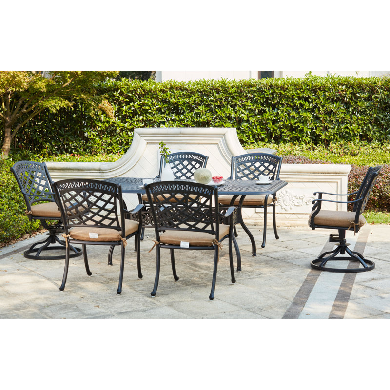 Thompson 7-Piece Patio Dining Set (with 2 Swivel Rockers) with Cushions and 42 x 72'' Rectangular Dining Table