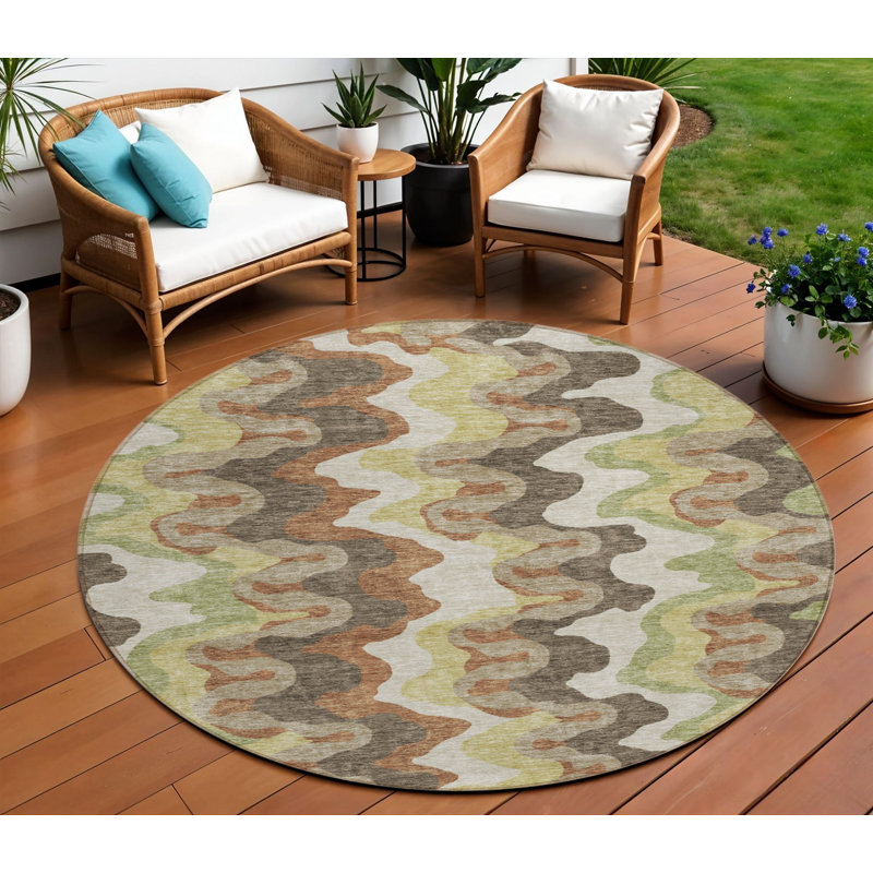 Tapis extérieur rond lavable abstrait 8 pi cuivre et artichaut vert chocolat
