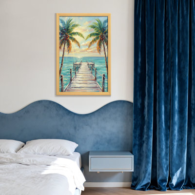 Plantes et fleurs, jetée de plage avec palmiers sur toile océanique