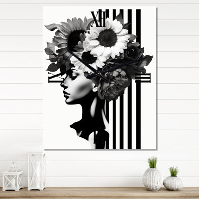 Vintage Minimalism Striped Woman White Flowers IV - Woman Floral Vintage Wall Clock