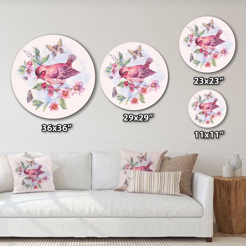 Oiseau rose sur une branche en fleurs - Impression sur bois sans cadre