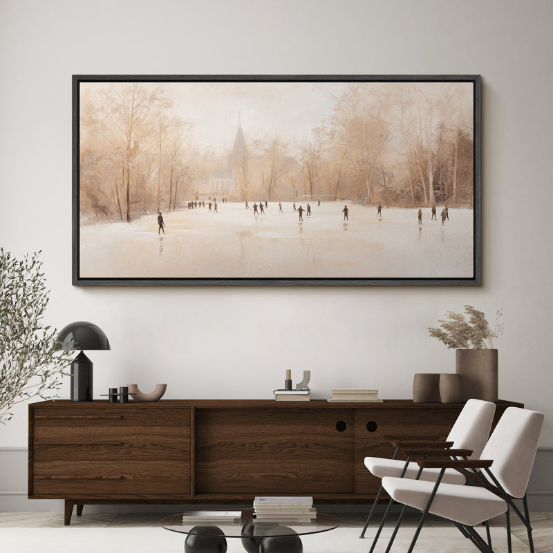 Large Framed Canvas Print Wall Art - Skaters on Frozen Lake Vintage Winter Scene Print for Christmas Holiday Decor, Black