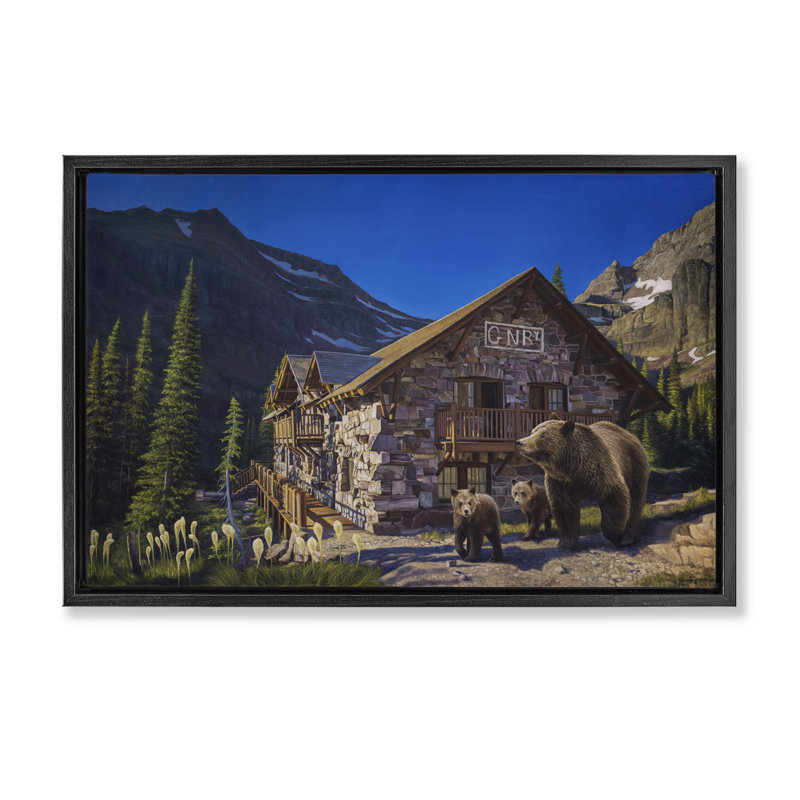 Cadre flottant Forest Cabin & Bears, design par James Corwin, H 17 po x l 25 po, Cadre flottant noir de jais