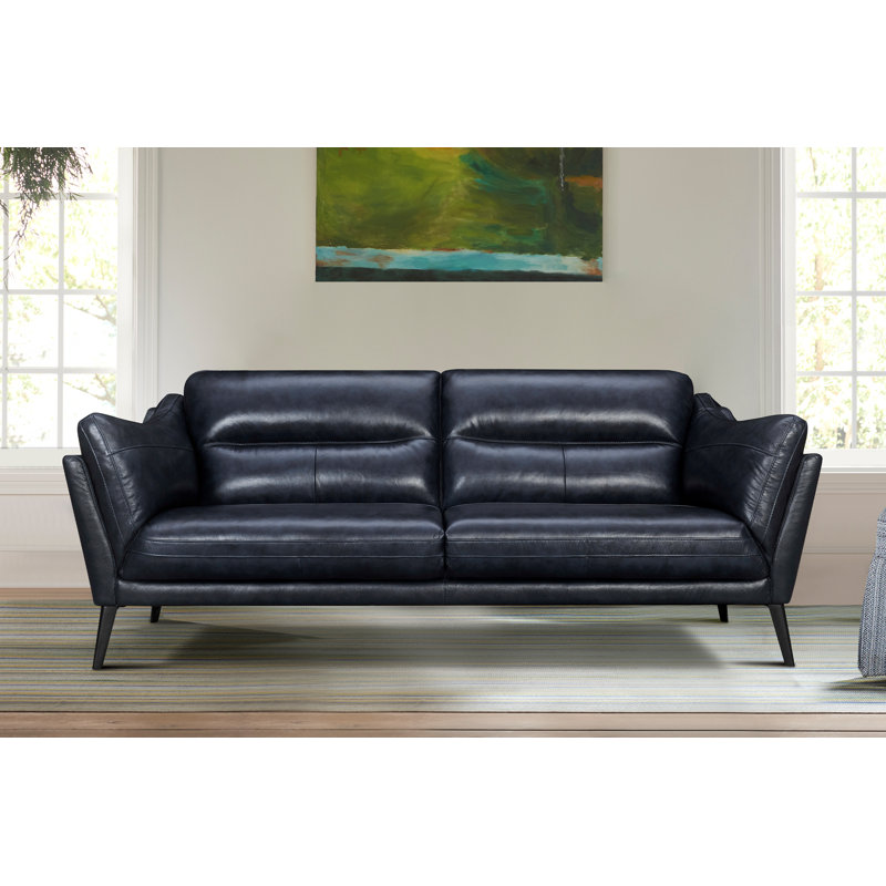 Mcelligott 87.37" Genuine Leather Recessed Arm Sofa, Blue Midnight