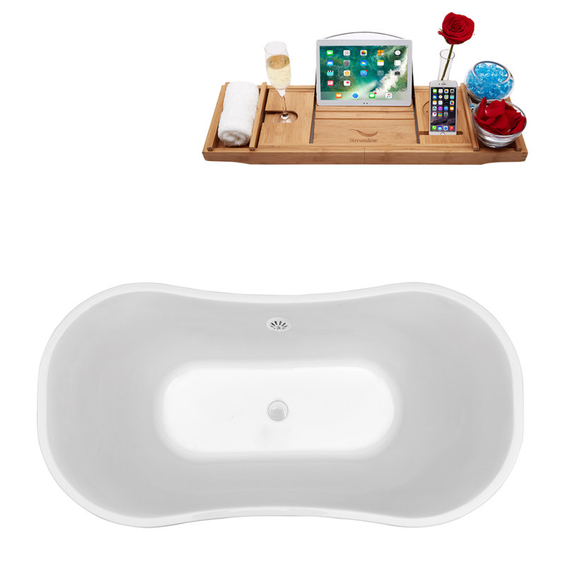 68" Streamline Freestanding Soaking Acrylic Bathtub With Drain and Bamboo Tray, Glossy White