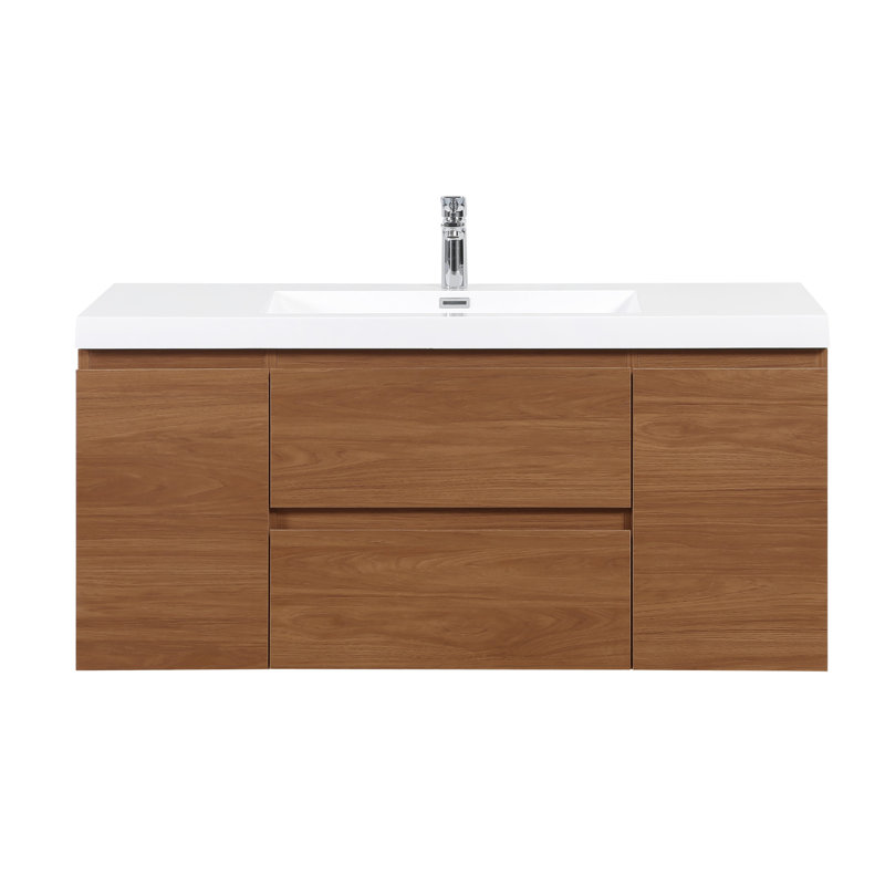 Meuble-lavabo flottant mural de 48 po avec lavabo, surface solide, tiroirs à fermeture en douceur, noyer doré miel entièrement assemblé, conception moderne pour une utilisation pratique, faible taux d'absorption d'eau en résine de haute qualité,