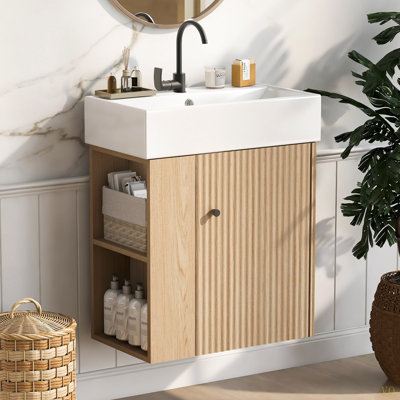 Meuble-lavabo flottant moderne de 21,6 po avec lavabo en céramique - parfait pour les petites salles de bain, rangement à gauche