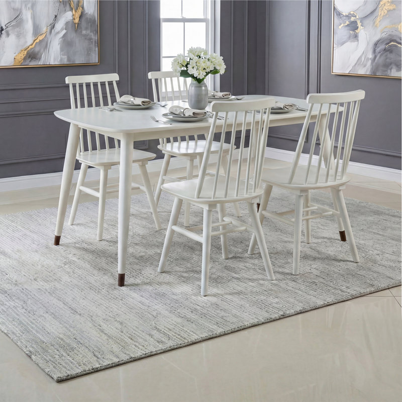Norvia & Elvara Scandinavian Solid Wood 5-Piece Dining Set, 60'' Rectangular Table with Beveled Edge & Metal-Capped Legs, 4 Windsor Spindle Back Chairs, Classic White Oak