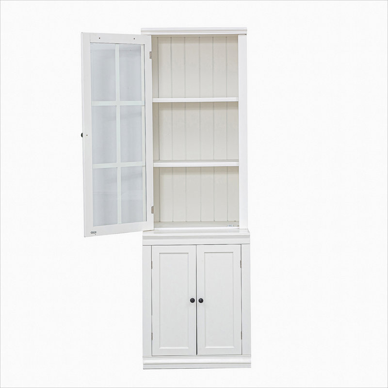 75.25'' Tall Display Cabinet with Single Tempered Glass Door, China Cabinet Hutch Cabinet with Double-Action LH & RH Door for Living Room, Kitchen, Home, Studio or Workspace - White