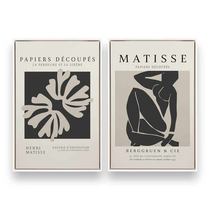 Ensemble de 2 Matisse La Perruche et Nus Noir, H 13 po x l 18 po, Cadre flottant blanc opaque