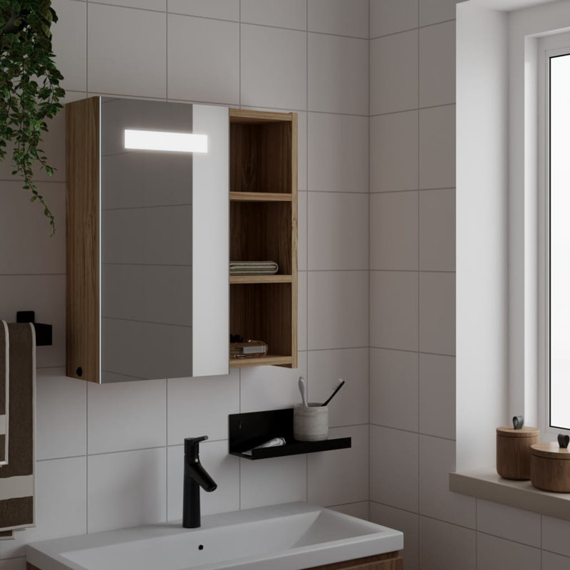 Adrianny W 52mm H Freestanding Framed Medicine Cabinet Mirror, 52 cm H x 45 cm W x 13 cm D, Oak