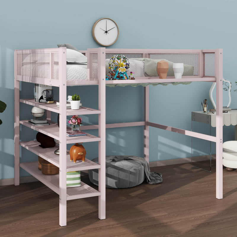 Alexandreia Metal Loft Bed with 4-Tier Shelves and Storage, Pink, Full