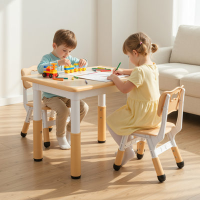 Kids Table And 2 Chairs Set, Height Adjustable Toddler Desk And Chair Set(beige)