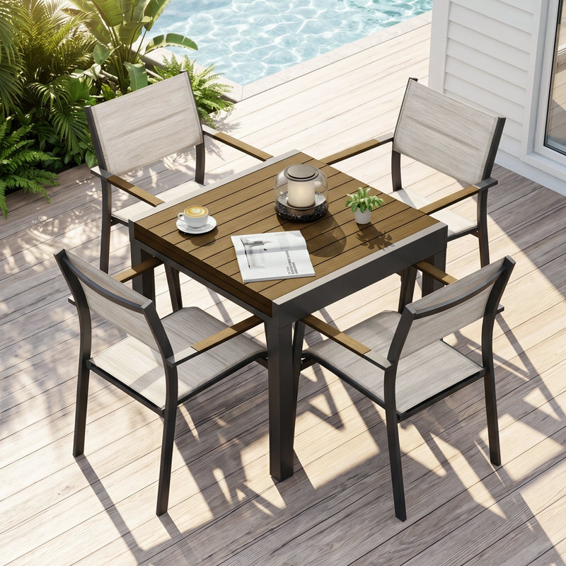 5 Pieces Expandable Patio Dining Set, Never-Rust Aluminum Outdoor Dining Table Set, 32"-65" Extendable Dining Table and Stackable Textilene Dining Chairs for Garden, Deck, Indoor, Teak