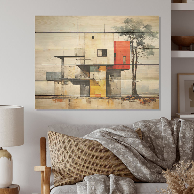 De Stijl Cubic Barn Horizion - Barn Wood Wall Art On Natural Pine Wood, 10" H x 20" W