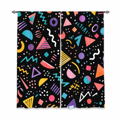 2Pcs Retro Memphis Style Curtains, light filtering, playful geometric shapes and confetti print, sunshade privacy protection, rod-pocket design, suitable for teen room, living, bedroom, playroom decoration
