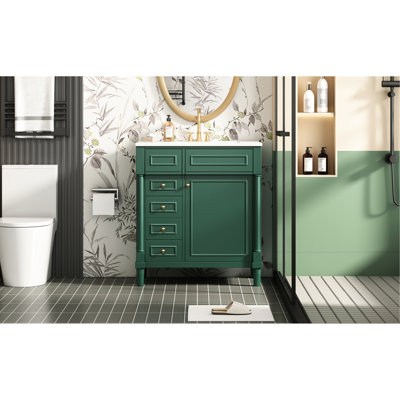 30" Bathroom Cabinet With Sink, 2 Deep Drawers, Door, , Modern Style, Stain- Basin, Quiet Operation 30-Inch Freestanding Versatile Storage, Spillage Holes, Easy To Clean