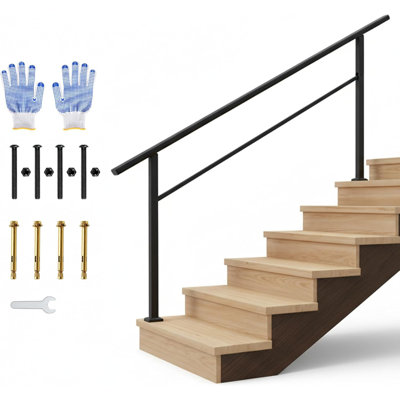 Black Aluminum 2-6 Step Stair Handrail Kit with Iron Posts, ADA Compliant Safety Railing for Porch & Entryway