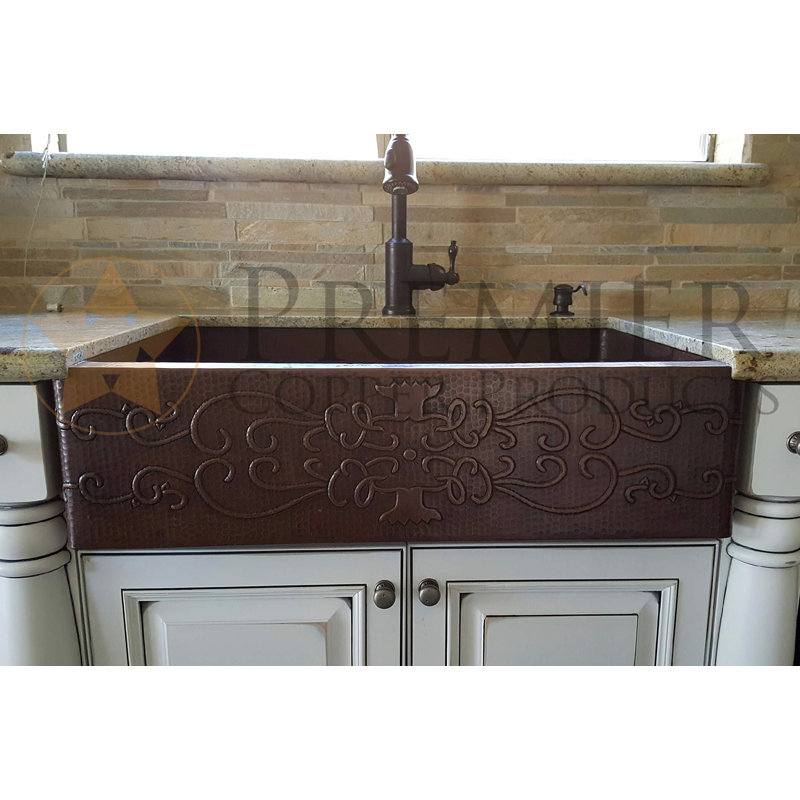 33" Hammered Copper Apron Front Single Basin Kitchen Sink w/ Scroll Design