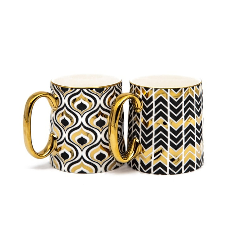 Ensemble de grandes tasses à café kook, motif géométrique incurvé, noir et doré, ensemble de 2
